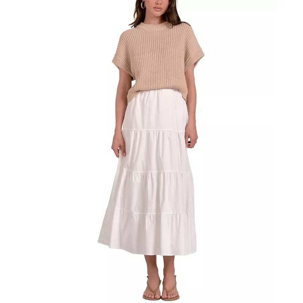 Elan Womens Sweater Combo Tiered A-Line Dress Maxi Skirt Tan White M